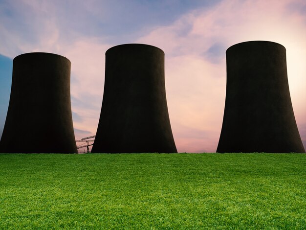 L'herbe verte avec la centrale nucléaire de silhouette