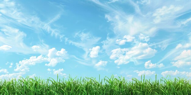 l'herbe verte et le ciel bleu brillant avec des nuages blancs