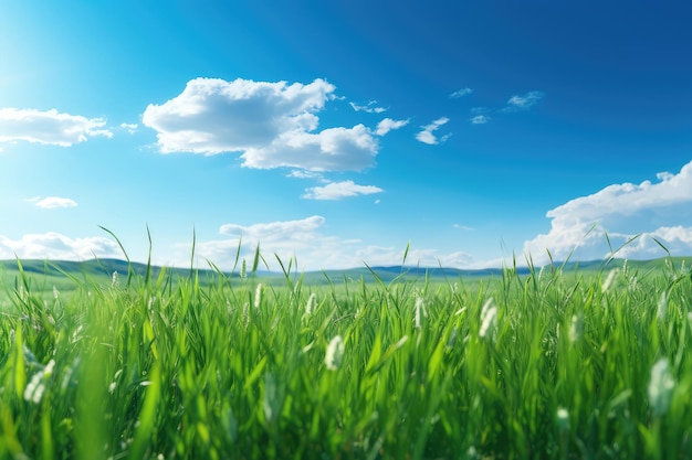 L'herbe verte et le ciel bleu avec des nuages blancs Paysage de printemps Arrière-plan de la nature