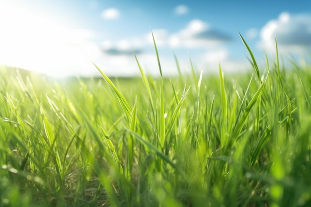 Herbe verte dans un champ avec le soleil qui brille dessus
