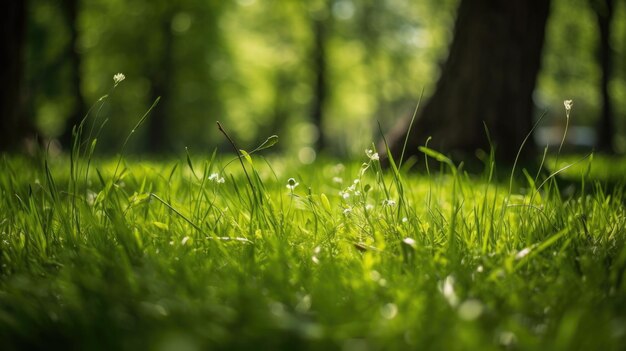 L'herbe verte du jardin au printemps Le printemps à l'arrière-plan et les feuilles des arbres