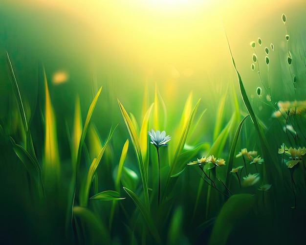 Herbe verte et fleurs au lever du soleil