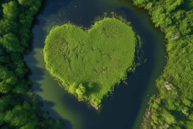Une herbe verte en forme de coeur est entourée d'une rivière.