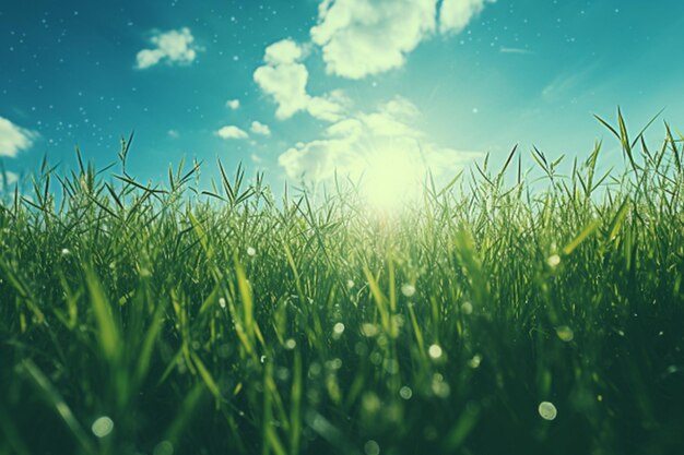 L'herbe verte avec des gouttes de rosée sur le fond du ciel bleu