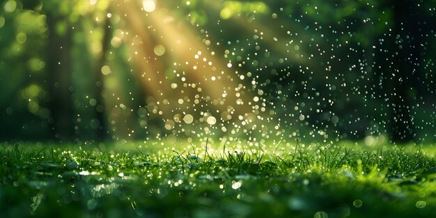 L'herbe verte avec des gouttes de rosée à la lumière du soleil