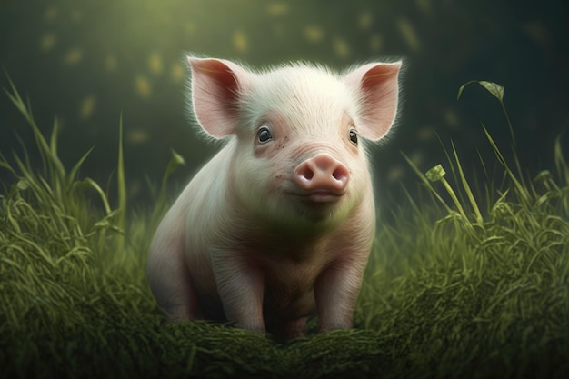 Sur l'herbe verte il y a un jeune cochon