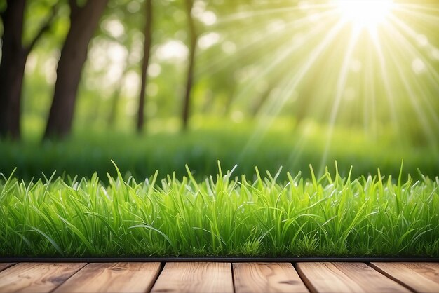 Photo l'herbe verte de printemps fraîche avec le bokeh vert et la lumière du soleil et le sol en bois beau fond naturel