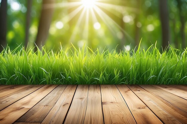 L'herbe verte de printemps fraîche avec le bokeh vert et la lumière du soleil et le sol en bois beau fond naturel