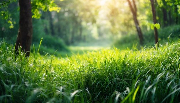 une herbe verte avec le soleil brillant à travers les feuilles