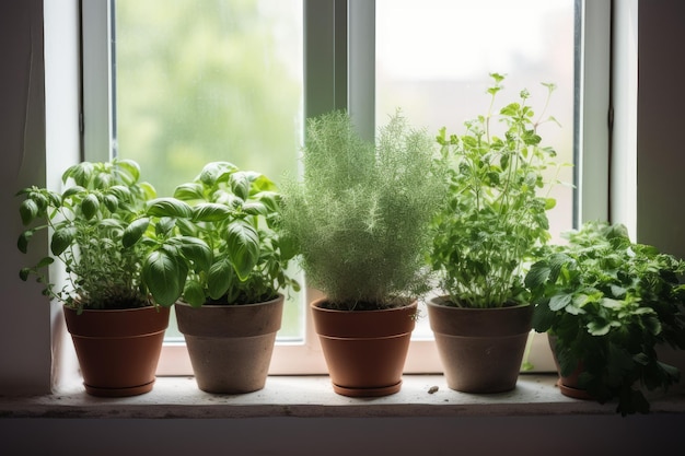 Herbes aromatiques en pot sur fenêtre Générer Ai