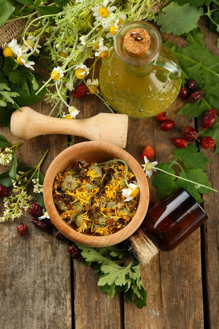 Photo herbes, baies et fleurs avec du mortier sur fond de table en bois