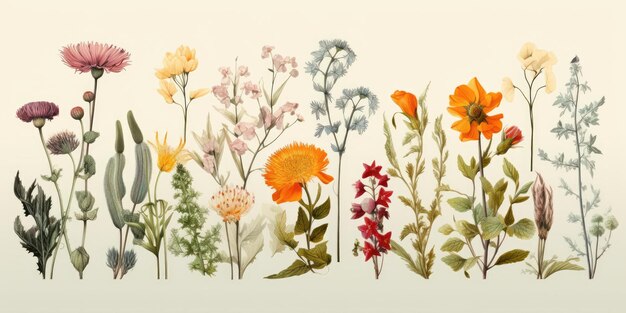 Herbes botaniques Fleurs sauvages dans le style rétro Aquarelle Illustration de fleurs sauvages avec une touche de dague