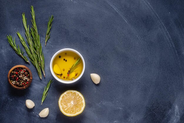 Herbes et condiments sur fond de pierre noire Vue de dessus avec espace de copie