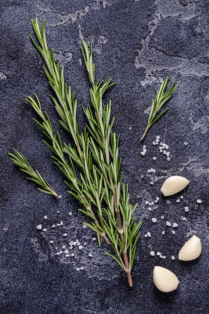 Herbes et condiments sur fond de pierre noire