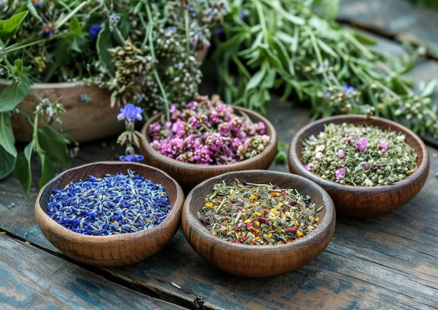 herbes dans des bols sur fond de bois