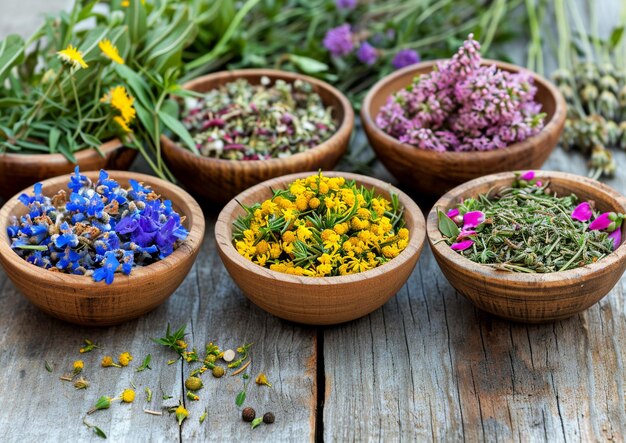 herbes dans des bols sur fond de bois