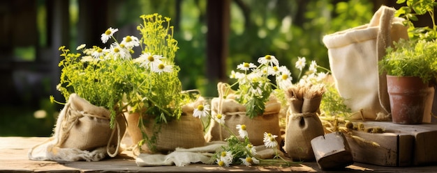 Herbes dans des sacs hessiens camomille et essence sur une table en bois dans le jardin