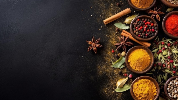 Photo herbes et épices colorées sur un fond noir épices et épices sur un fonds noir