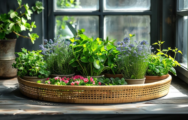 Herbes et fleurs dans des pots sur le balcon Des herbes fraîches exposées sur un plateau