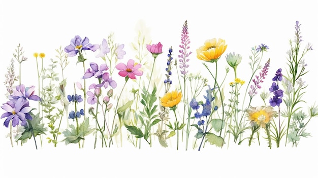Herbes et fleurs de prairie à l'aquarelle peintes à la main sur fond blanc