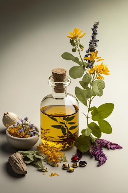 Herbes et fleurs de spa aux huiles essentielles AI générative