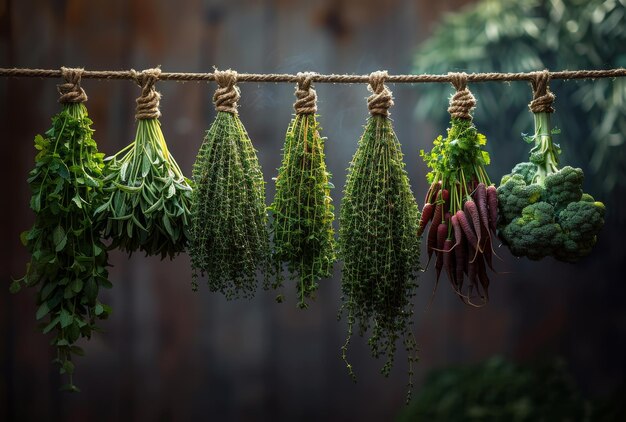 Des herbes fraîches accrochées à une corde