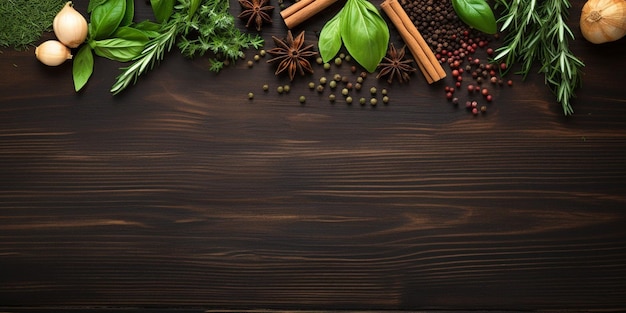 Herbes fraîches et épices sur table en bois Vue de dessus avec espace de copie IA générative