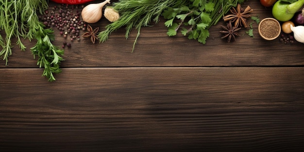 Herbes fraîches et épices sur table en bois Vue de dessus avec espace de copie IA générative