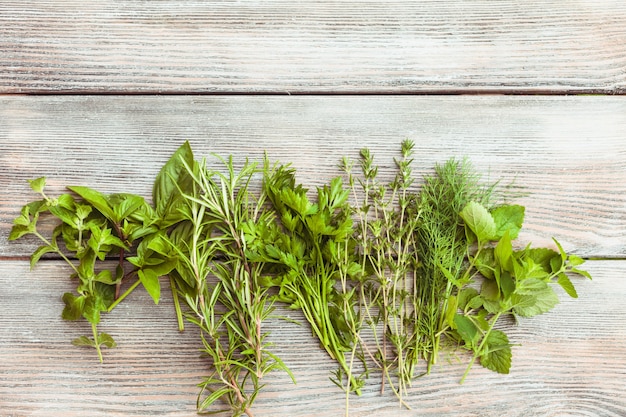 Herbes fraîches sur le fond en bois avec texte de copie