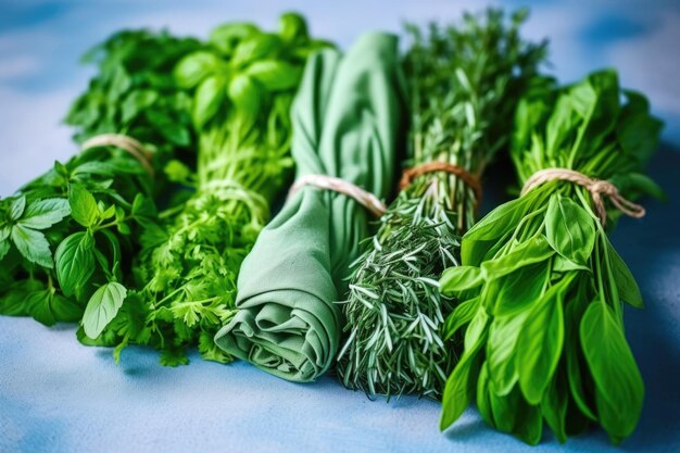 Herbes fraîches liées en paquets sur une surface brillante