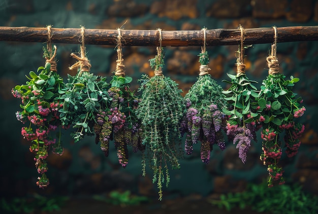 Des herbes fraîches séchées sur la grange en bois dans le jardin