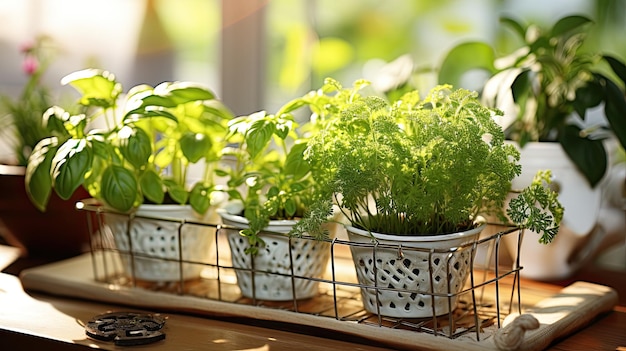 Herbes de jardin de cuisine sur le rebord de la fenêtre dans des pots