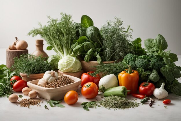 herbes et légumes sur fond blanc