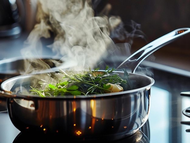 Photo des herbes et des légumes à la vapeur dans une casserole