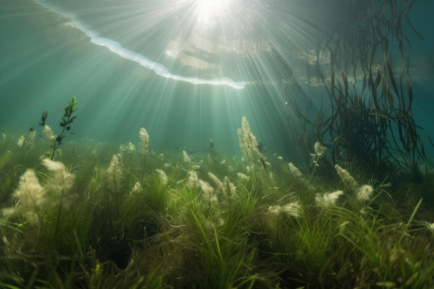 Herbes marines et plantes aquatiques en prise de vue sous-marine créée avec une IA générative