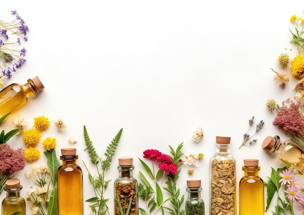 Photo herbes médecine naturelle et huile en bouteilles ai générative