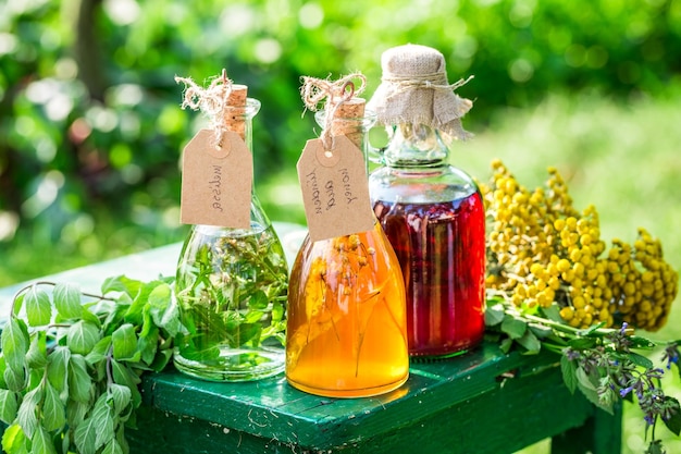 Herbes médicinales en bouteilles comme cure maison dans le jardin