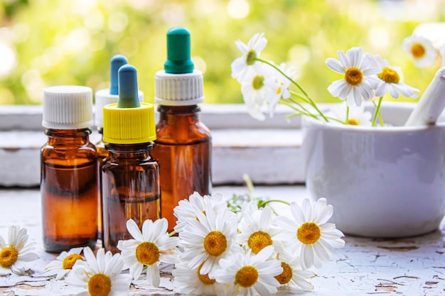 Herbes médicinales en bouteilles extrait d'huile de camomille mise au point sélective