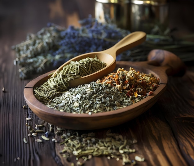 Herbes médicinales séchées sur une cuillère en bois haute résolution