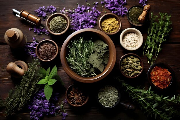 Herbes médicinales sur table en bois mortier et pilon phytothérapie vue de dessus