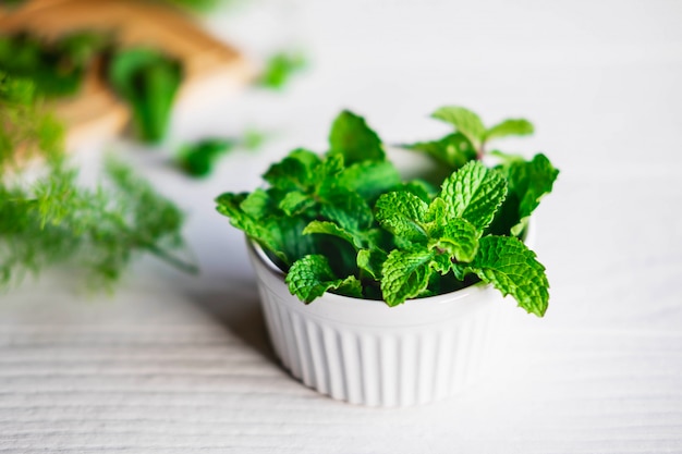 Herbes de menthe fraîche dans un bol blanc