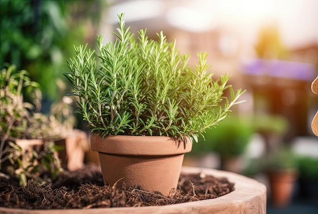 Herbes de romarin pour la cuisine poussant dans un pot en argile à l'extérieur