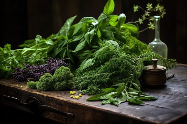 Des herbes sauvages fraîchement cueillies sur une planche