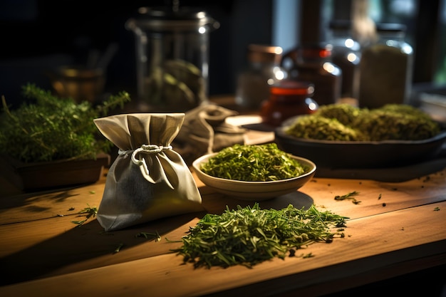 Des herbes sur la table dans un sac et une tasse.