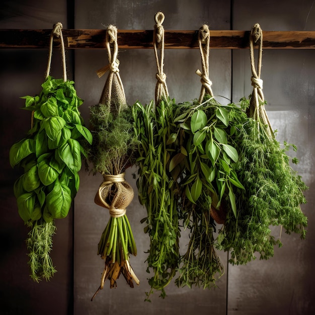 Herbes vertes suspendues à une corde