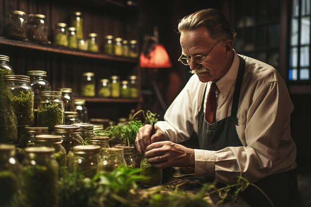 Un herboriste organise des herbes dans un petit magasin de médecine naturelle Médicines à base de plantes dans des pots