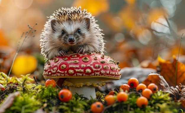 Un hérisson assis sur un beau champignon parmi les feuilles et les baies de la forêt