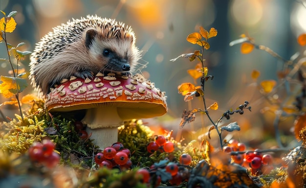 Un hérisson assis sur un champignon dans une forêt d'automne Un hérisson mangeant d'un énorme champignon dans la forêt de mousse