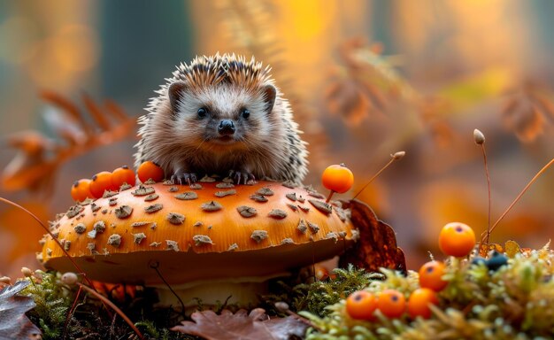 Photo un hérisson assis sur un champignon dans la forêt d'automne