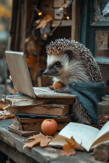 Le hérisson assis à côté d'un ordinateur portable Un hérisson est vu assis à une table absorbé par le travail ou les activités de loisirs sur un ordinateur portables